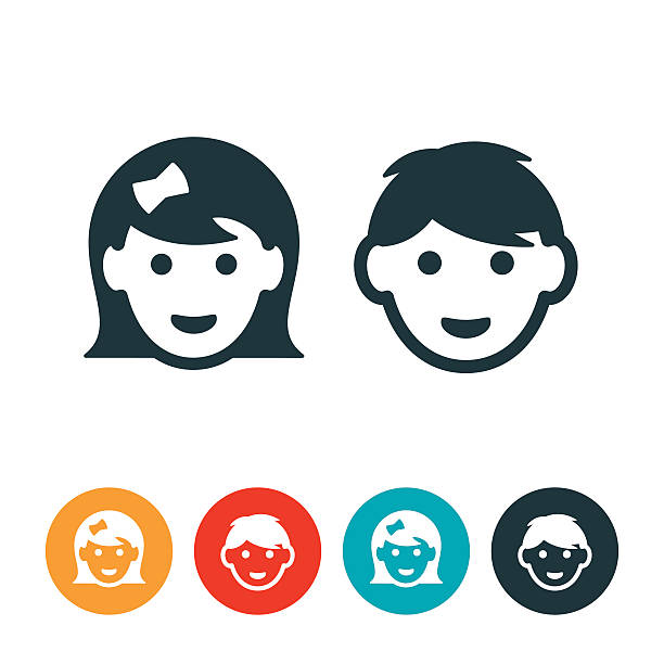 Little Girl and Boy Avatars Icon avatars of a little girl and a little boy. The icons show just the heads of two kids in age ranging from 4-8 years old. The little girl and little boy are smiling. baby girls stock illustrations