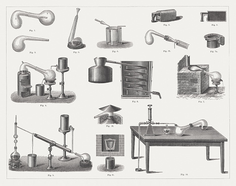 Historic Distillation Equipment. Woodcut engraving, published in 1875.