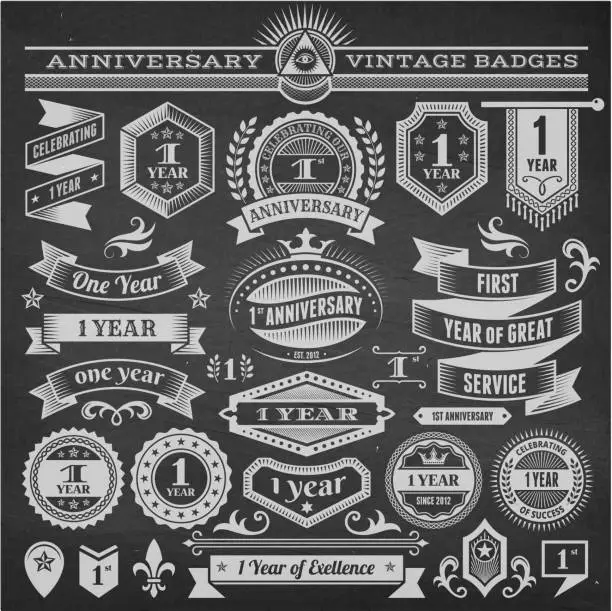 Vector illustration of One year anniversary hand-drawn chalkboard royalty free vector background