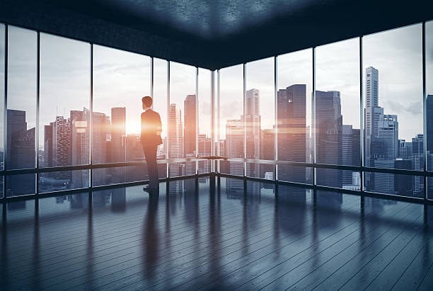 istock Man in suit looking at the city and sunset. 3d 473612944