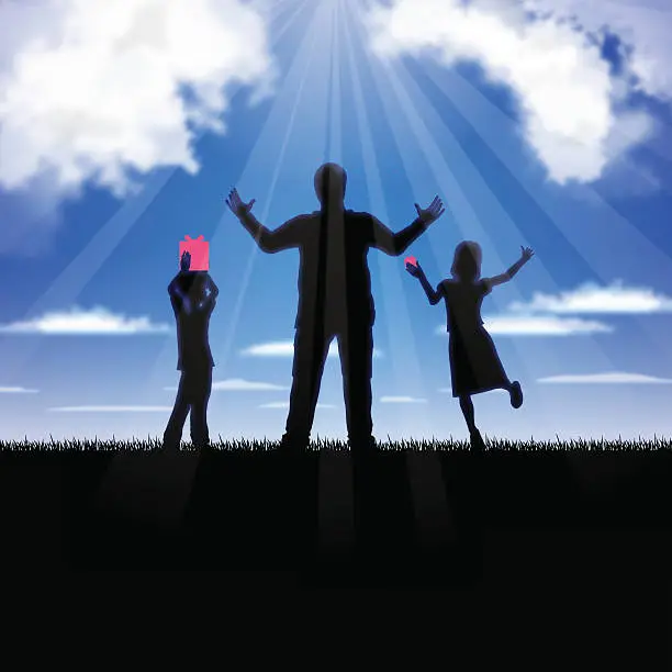 Vector illustration of Father's Day background[Father and children in the blue sky]