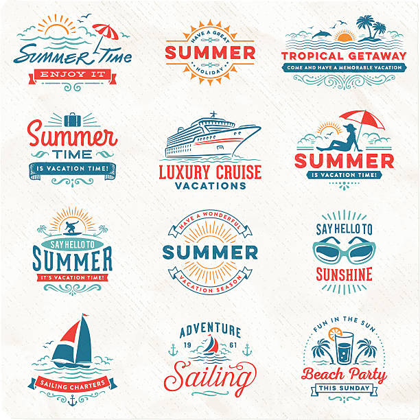 summer vacation, surfing, sailing, beach signs and badges - ada illüstrasyonlar stock illustrations