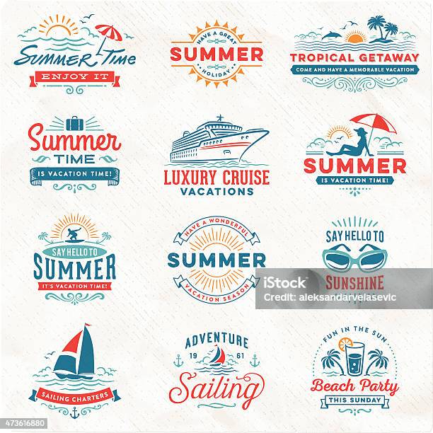 Summer Vacation Surfing Sailing Beach Signs And Badges Stock Illustration - Download Image Now