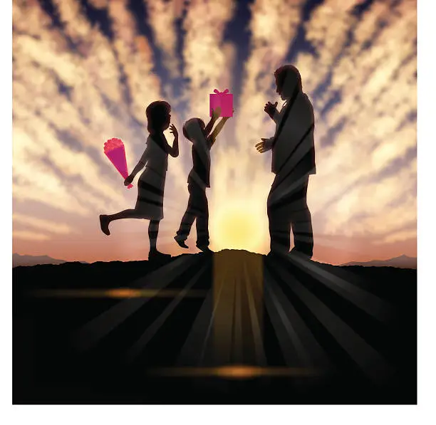 Vector illustration of Father's Day background[Father and children in the sunset]