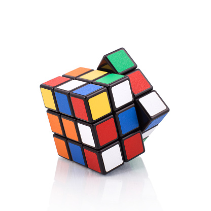 Kragujevac, Serbia - April 9, 2015: Rubik's Cube on a white background. Rubik's Cube invented by a Hungarian architect Ernő Rubik in 1974.