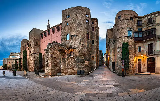 Panorama of Wall and Gate of Roman City Barcino and Placa Nova in the Morning, Barcelona, Catalonia
