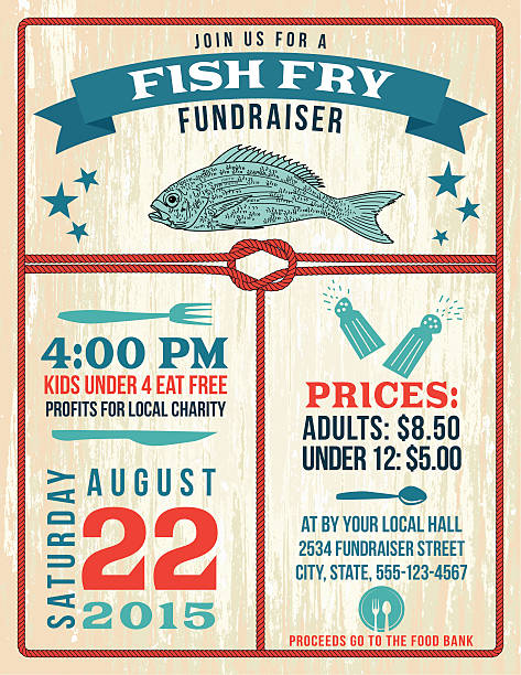 stockillustraties, clipart, cartoons en iconen met nautical themed fish fry poster template - gebakken in de pan