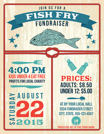 Fish Fry fundraiser template with a nautical theme. There are fish and other decorative elements as well as lots of room for text. Aqua, blue, red and brown