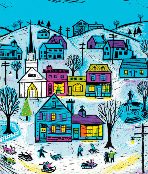 illustrations, cliparts, dessins animés et icônes de petite ville scène d'hiver - ville hiver