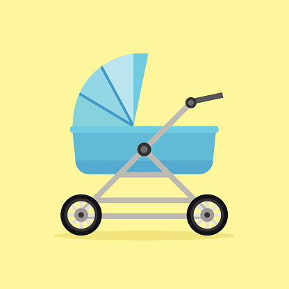Baby perambulator vector icon with long shadow on yellow background
