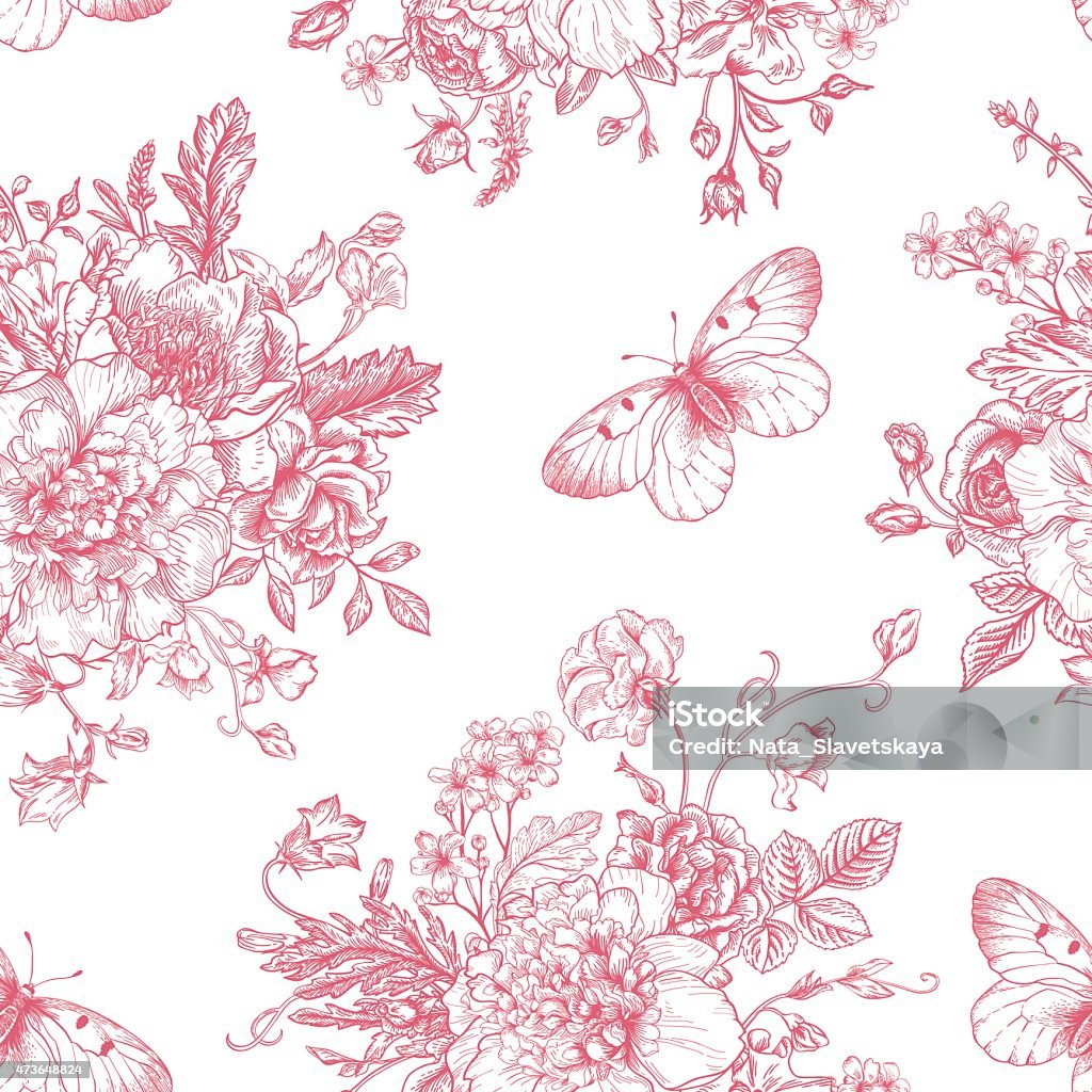 Seamless pattern of pink flowers and butterflies - Royaltyfri 2015 vektorgrafik