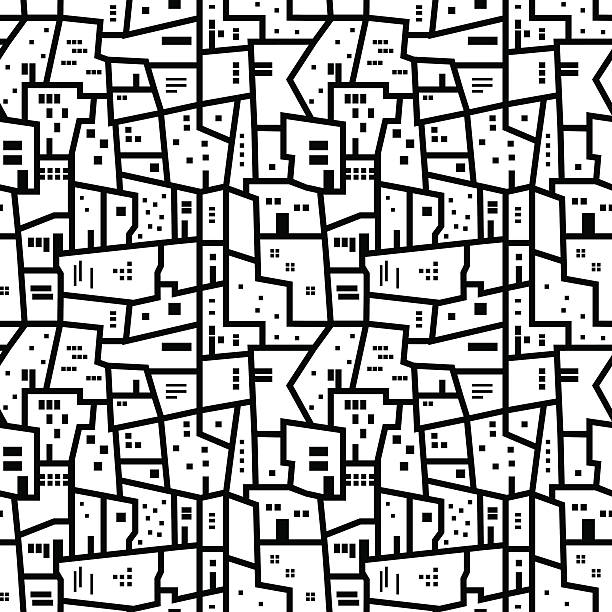 Landscape with city blocks black and white pattern Landscape with city blocks. Black and white abstract seamless pattern. china slums stock illustrations