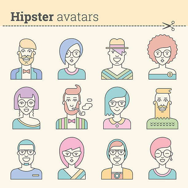 kreative satz von hipster-avatare. - dem menschlichen gesicht ähnliches smiley symbol stock-grafiken, -clipart, -cartoons und -symbole