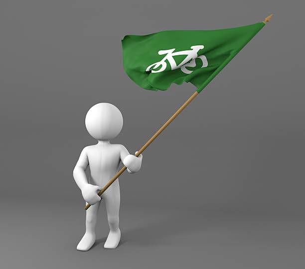 Character holding bicycle symbol flag Character holding bicycle symbol green flag 3d illustration isolated on a gray background greenpeace activists stock pictures, royalty-free photos & images