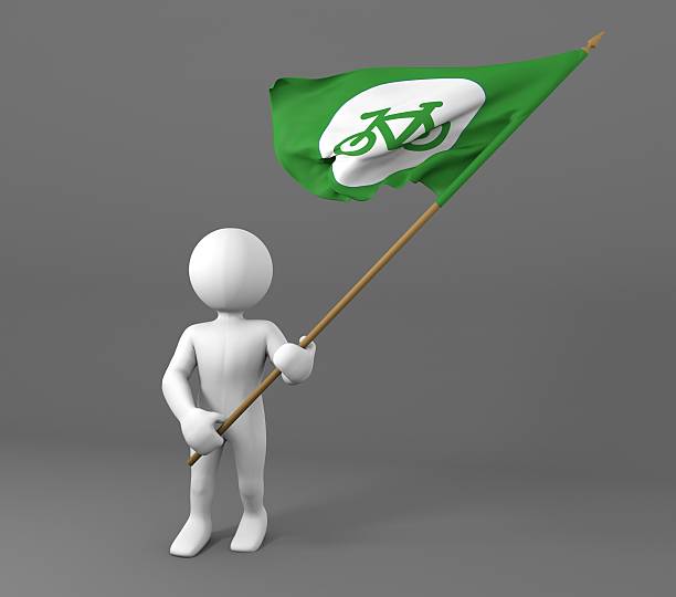 Character holding bicycle symbol flag Character holding bicycle symbol green flag 3d illustration isolated on a gray background greenpeace activists stock pictures, royalty-free photos & images