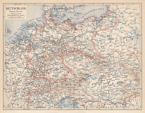 German Empire within the borders of 1871 - 1918. Lithograph, published in 1875.