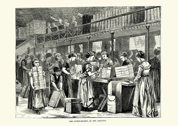 The Match Makers at the East End, London, 1871 Vintage engraving of young woman and children working in a match making factory in the East End of London, The Graphic, 1871 industrial revolution stock illustrations