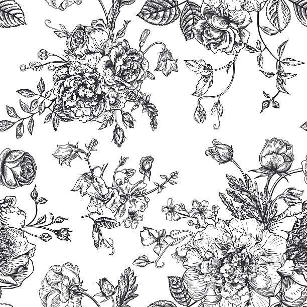 Seamless  pattern with bouquet of  flowers. Seamless vector vintage pattern with bouquet of black flowers on a white background. Peonies, roses, sweet peas, bell. Monochrome. rococo stock illustrations