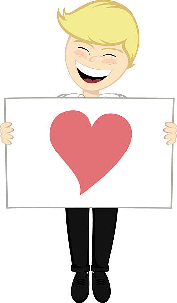 Boy with surprise A blonde boy with a white board and a heart shape larrikin stock illustrations