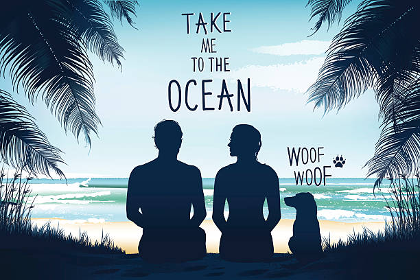 мужчина, женщина и собака, сидящая на пляже - horizon over land sports and fitness nature wave stock illustrations