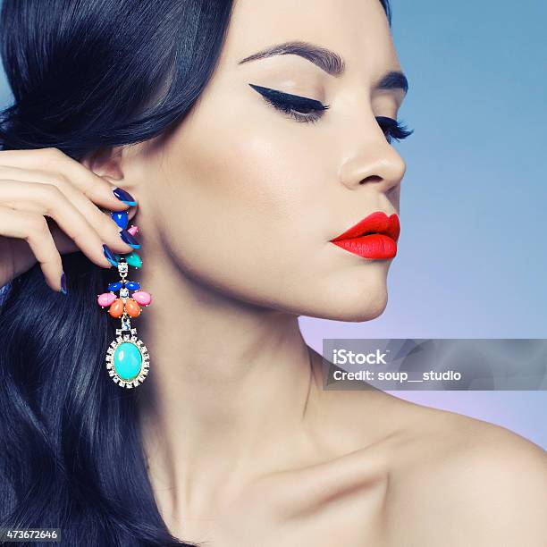 Lady With Earring Stock Photo - Download Image Now - Fingernail, Red, Eyeliner