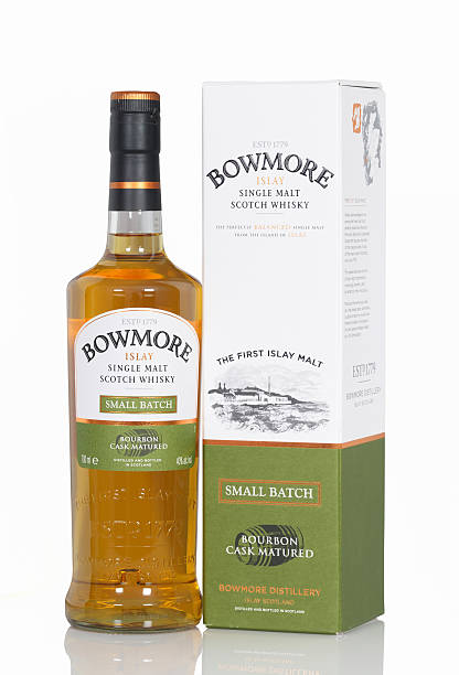 Bowmore whisky Bayreuth, Germany – May 10, 2015: bottle and presentation box of a Scottish single malt whisky from the distillery Bowmore.  bowmore whisky stock pictures, royalty-free photos & images