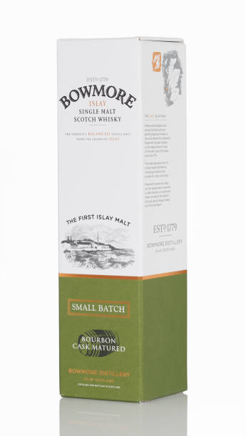 Bowmore whisky Bayreuth, Germany – May 10, 2015: presentation box of a Scottish single malt whisky from the distillery Bowmore.  bowmore whisky stock pictures, royalty-free photos & images