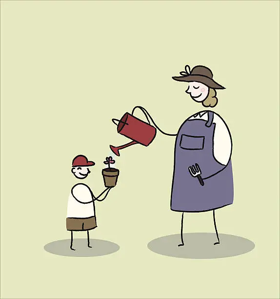 Vector illustration of Mother and child gardening