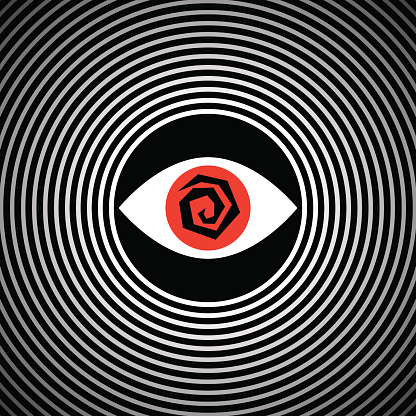 Vector illustration of a paranoid red eye with a swirl and black and white ringed background.