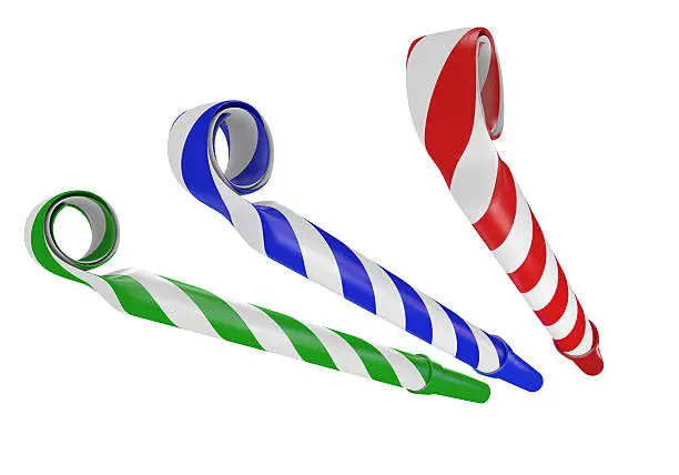 3D render of colorful paper party horns used for celebrations and making noise.