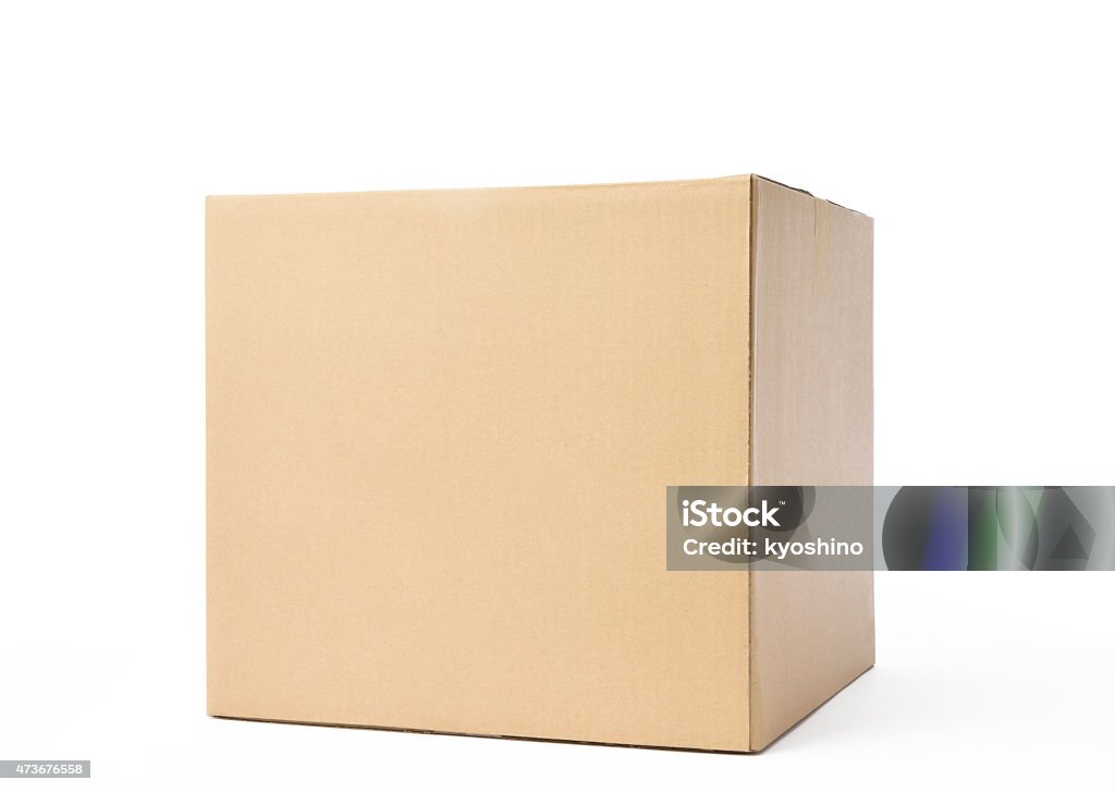 Isolated shot of closed cube cardboard box on white background Closed blank cube cardboard box isolated on white background with clipping path. Cardboard Box Stock Photo