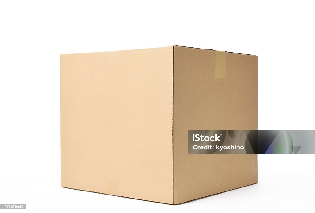 Isolated shot of closed cube cardboard box on white background Closed blank cube cardboard box isolated on white background with clipping path. Cardboard Box Stock Photo