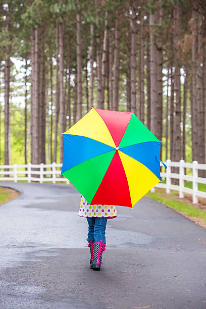 istock Girl Walking Down Scenic Driveway With Umbrella 473678252