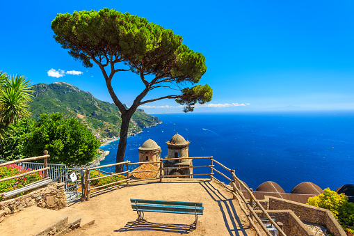 Stunning relaxation place with bench and wonderful panorama,Villa Rufolo,Ravello,Amalfi coast,Italy,Europe