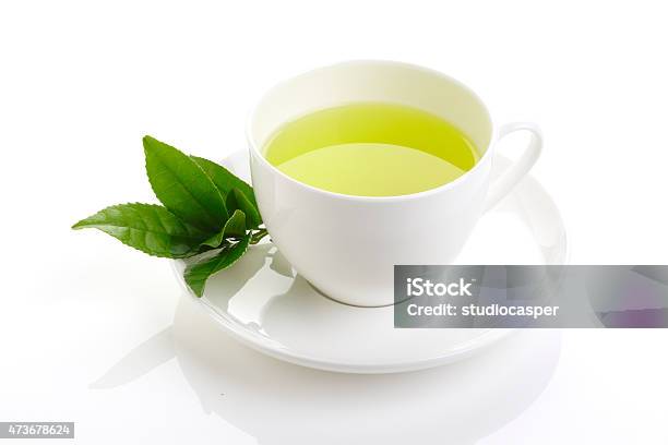 Green Tea And Fresh Green Tea Leaves Stock Photo - Download Image Now - Green Tea, Saucer, White Color