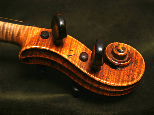 앤틱형 바이올린 스크롤하다 녹색 벨벳 배경기술 스톡 사진