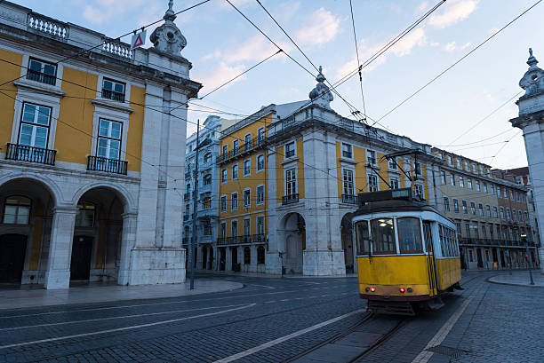 istock Classic Lisbon Tram at Comercio Square in downtown Lisbon 473681806