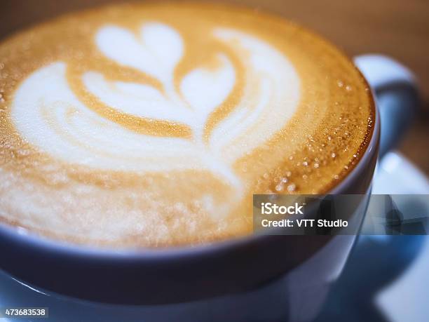 Cappuccino Coffee Close Up With Leaf Pattern Milk Foam Stock Photo - Download Image Now