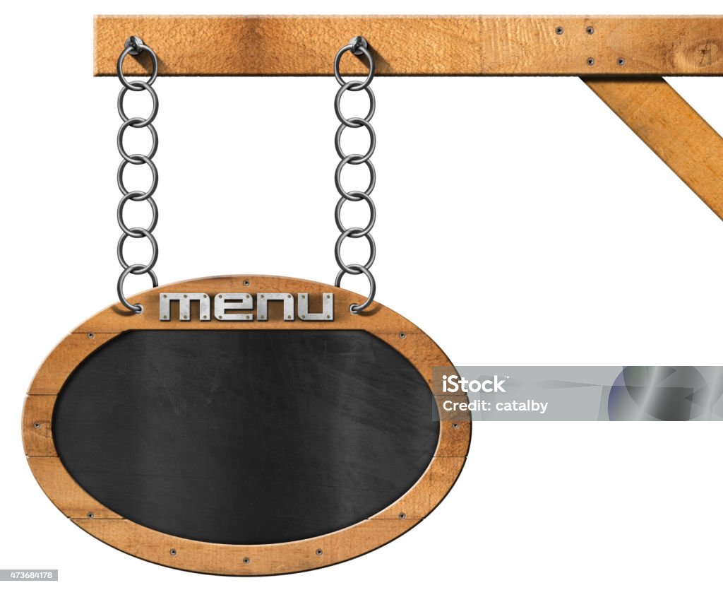 Food Menu - Blackboard with Chain Oval empty blackboard with wooden frame and text menu, hanging from a metal chain on wooden pole and isolated on white background. 2015 Stock Photo