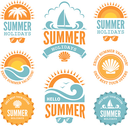 Set of  summer holidays labels with  sun, palm tree, sailing yacht, sunglasses, sea shell and waves in bright  blue and orange colors isolated on white background