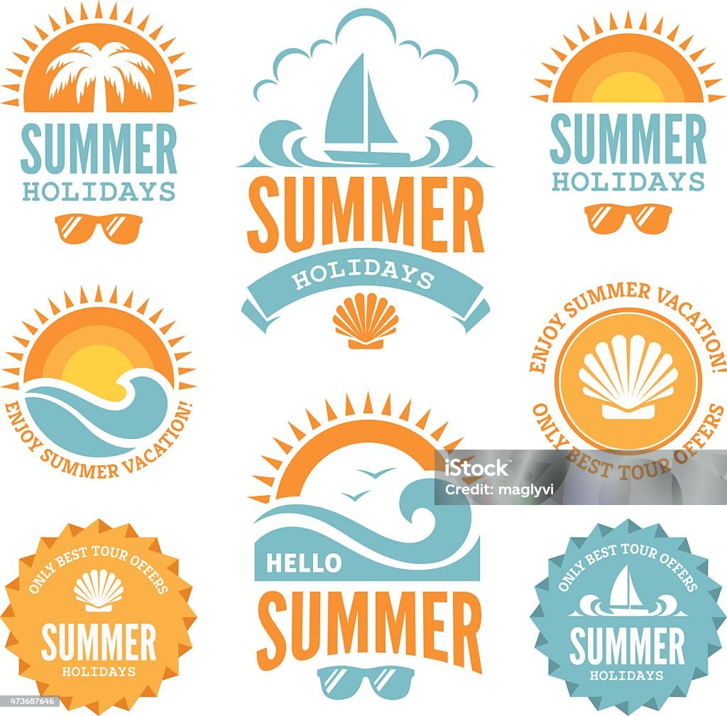 Blue and Orange Summer Holidays Labels Set of  summer holidays labels with  sun, palm tree, sailing yacht, sunglasses, sea shell and waves in bright  blue and orange colors isolated on white background Summer stock vector