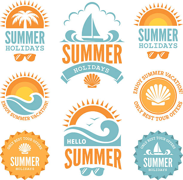 Blue and Orange Summer Holidays Labels Set of  summer holidays labels with  sun, palm tree, sailing yacht, sunglasses, sea shell and waves in bright  blue and orange colors isolated on white background summer icons stock illustrations