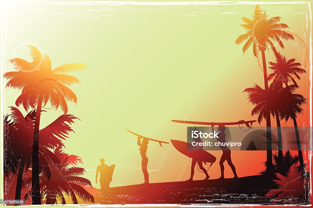 Young people walking along the beach with a palm trees Young people walking along the beach with a palm trees. Vintage style surfer's background. Beach stock vector