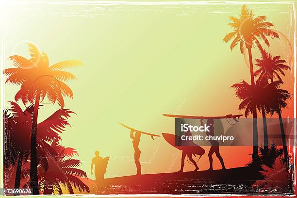 Young People Walking Along The Beach With A Palm Trees Stock Illustration - Download Image Now