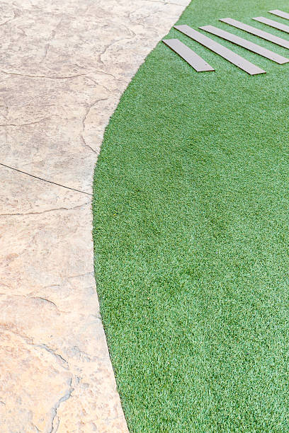 istock staircase artificial grass with wooden 473691896