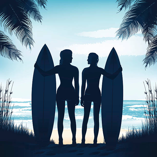 illustrazioni stock, clip art, cartoni animati e icone di tendenza di surfisti di due belle ragazze in piedi sulla spiaggia - horizon over land sports and fitness nature wave