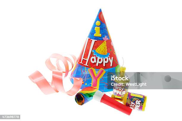 Party Favors And Ribbon Stock Photo - Download Image Now - Hat, Party - Social Event, Party Popper