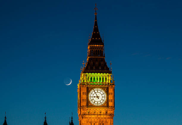 Big Ben at night with bus light tracks