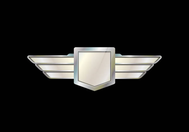 Chrome emblem with wings Chrome emblem with wings. 3d car vector logo. riot shield stock illustrations