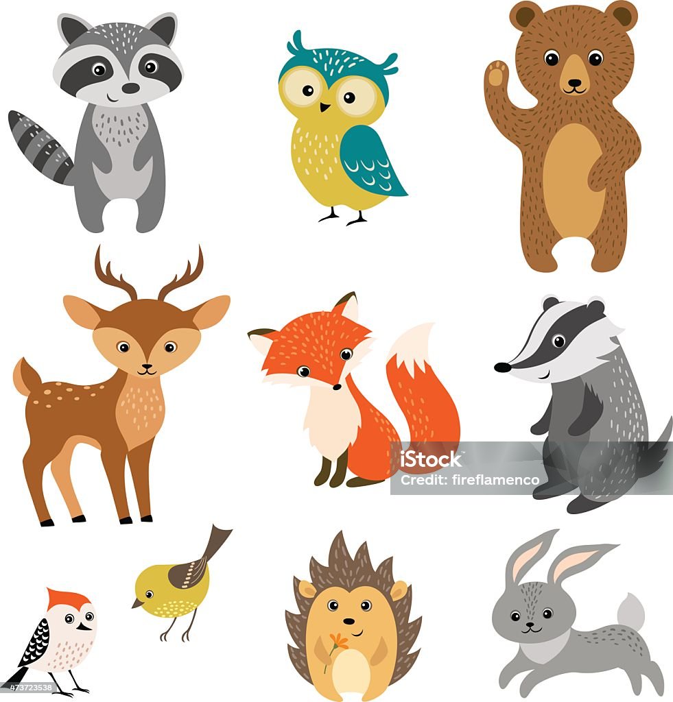 Cute forest animals Set of cute woodland animals isolated on white background. Animal stock vector
